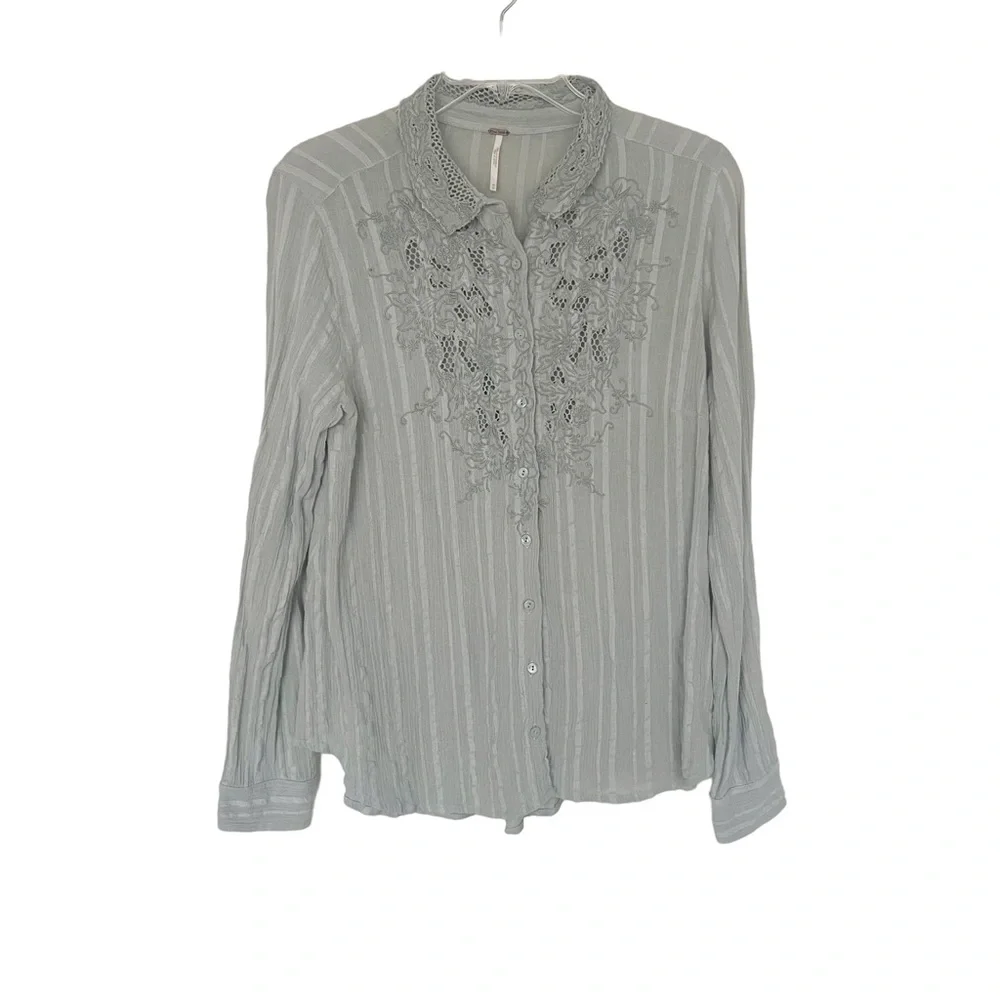 Free People Light Gray Lace-Trim Button-Down Shirt